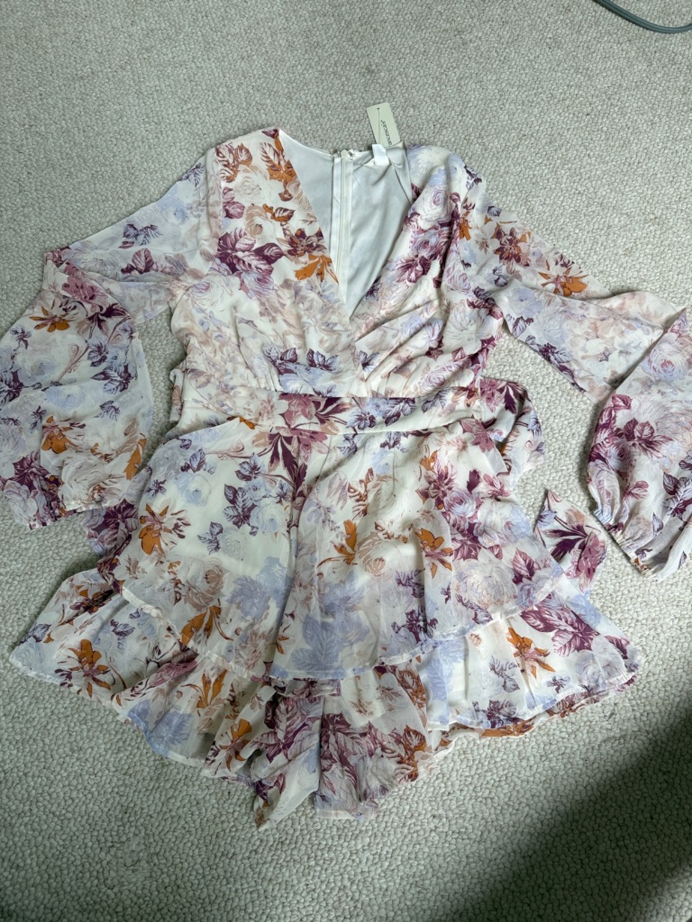 NWT Floral Ruffle Long-Sleeve Romper in Lavender & Mustard